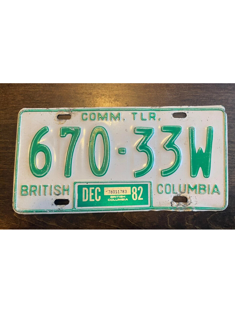 British Columbia License Plate BC Canada 670 33W Commercial Trailer 82 1982
